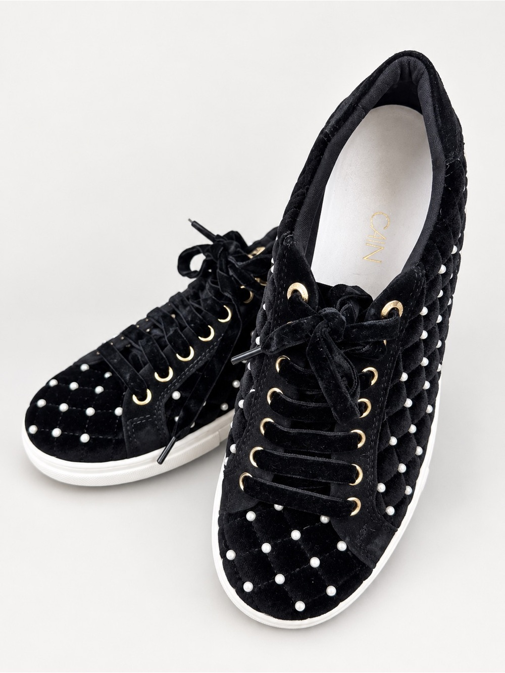 Marc Cain black velvet pearl studded lace up sneakers gold eyelet details 10
